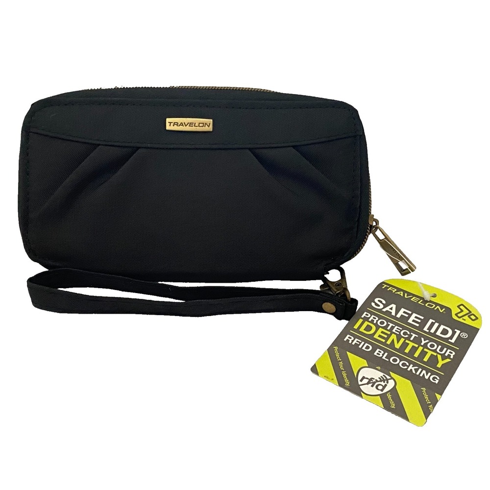 Travelon ~RFID BLOCKING Black Pleated Zip Around Wallet /Wristlet / Clutch NWT